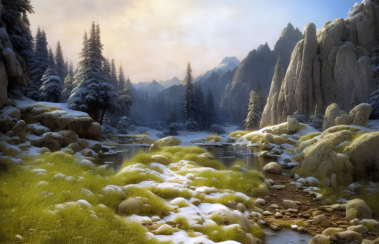 Winter landscape with river, snowy rocks, pine trees, and mountain peaks in soft sunlight