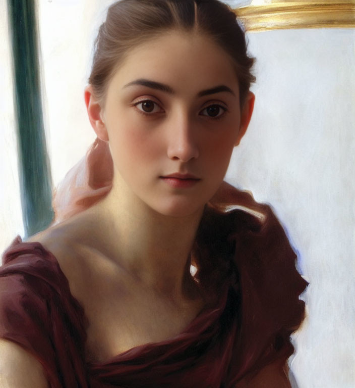 Serene young woman with dark hair and striking eyebrows in burgundy garment