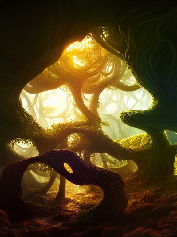 Twisted, colorful trees in an enchanted forest under warm, glowing light