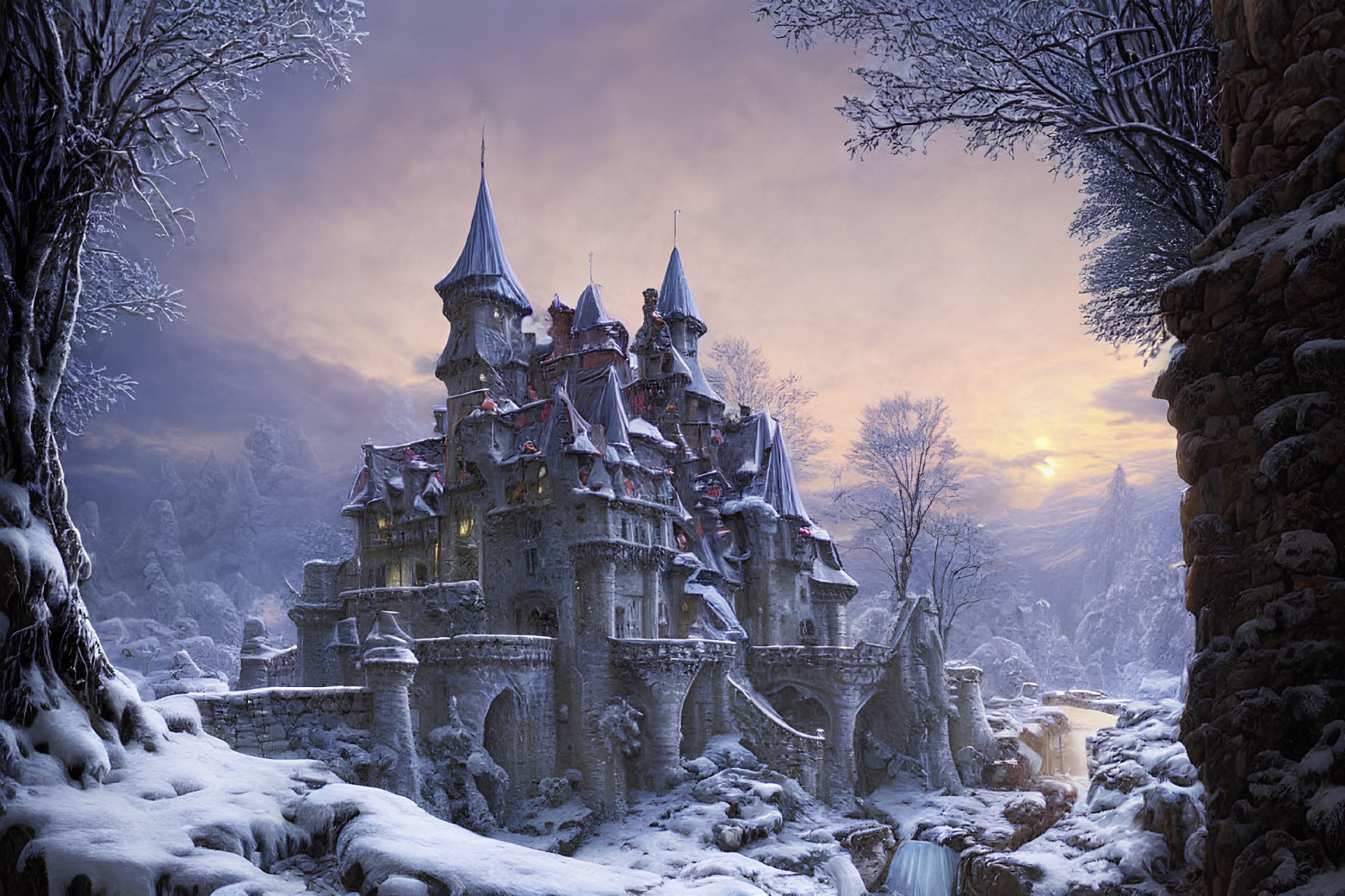 Snow-covered stone castle in winter sunset with icy trees and frozen river