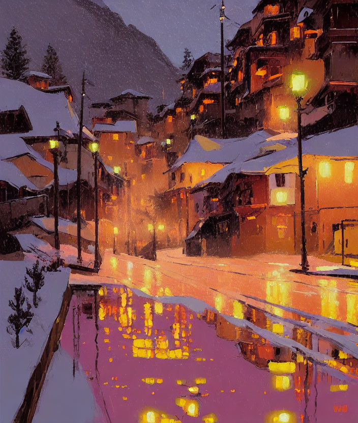 Snowy Evening in Quaint Village with Glowing Lights