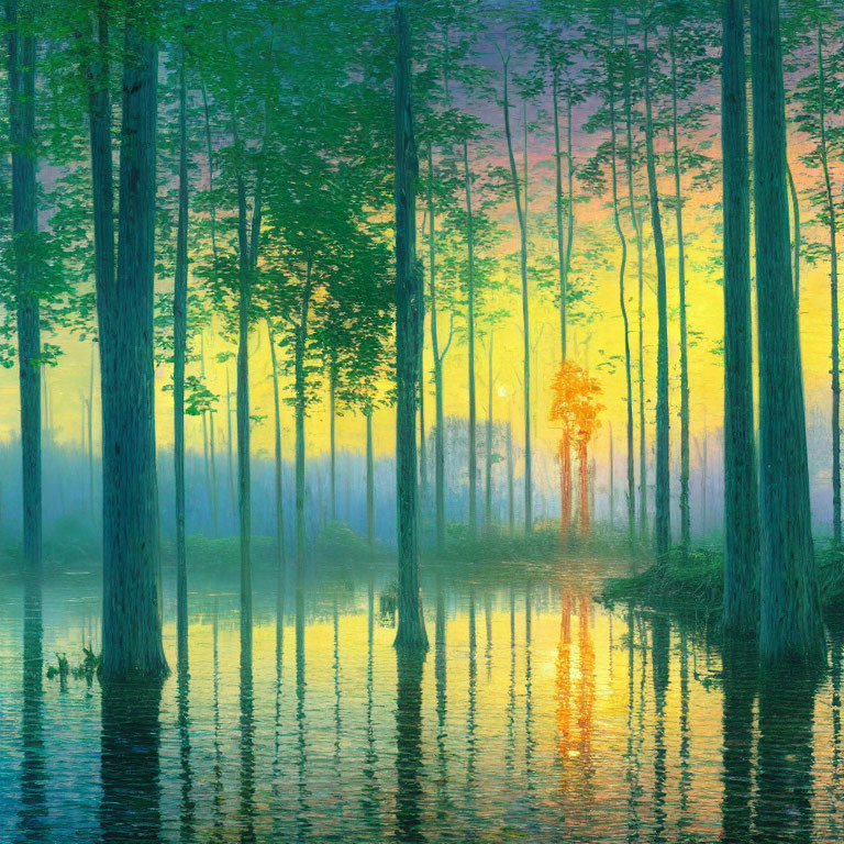 Tranquil forest scene with tall trees in water reflecting sunset hues