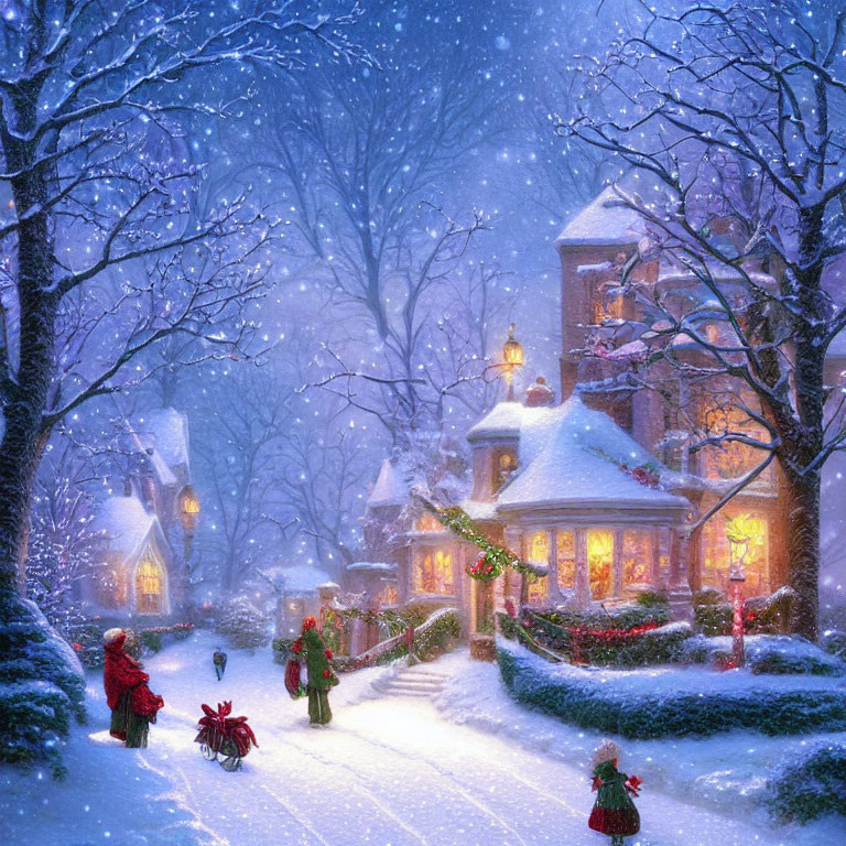 Snowy Evening Scene: Warmly Lit Houses, Christmas Decor, People Walking in Snow