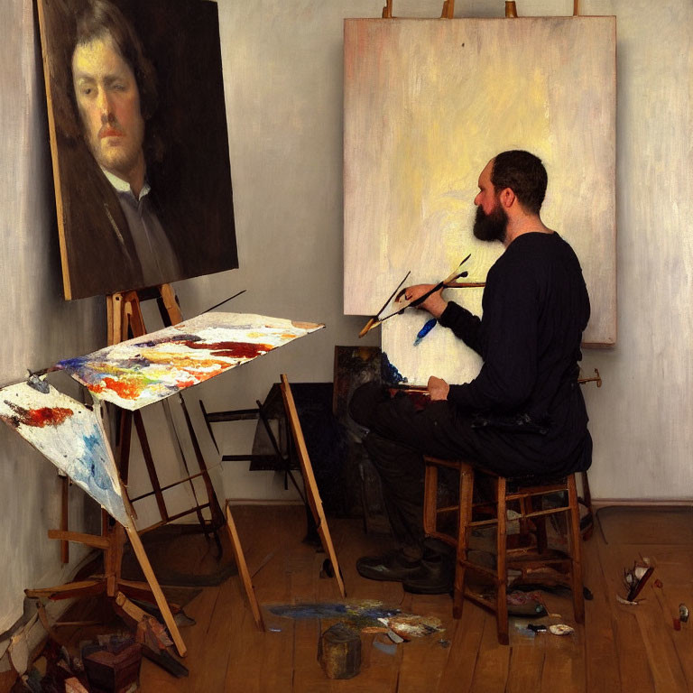 Painter in black outfit seated at easel in art studio with self-portrait on wall