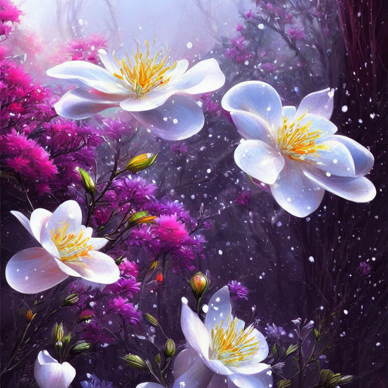 Digital Artwork: White and Yellow Flowers in Pink Blossoms with Mystical Forest Backdrop