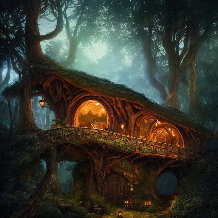 Enchanting illuminated treehouse in mystical forest with round windows