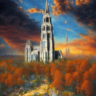 Gothic Cathedral on Rocky Hill at Sunset with Dramatic Sky