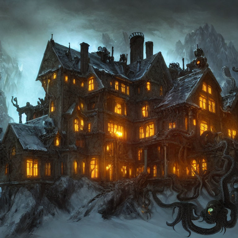 Gothic mansion in snowy mountains with ominous vines