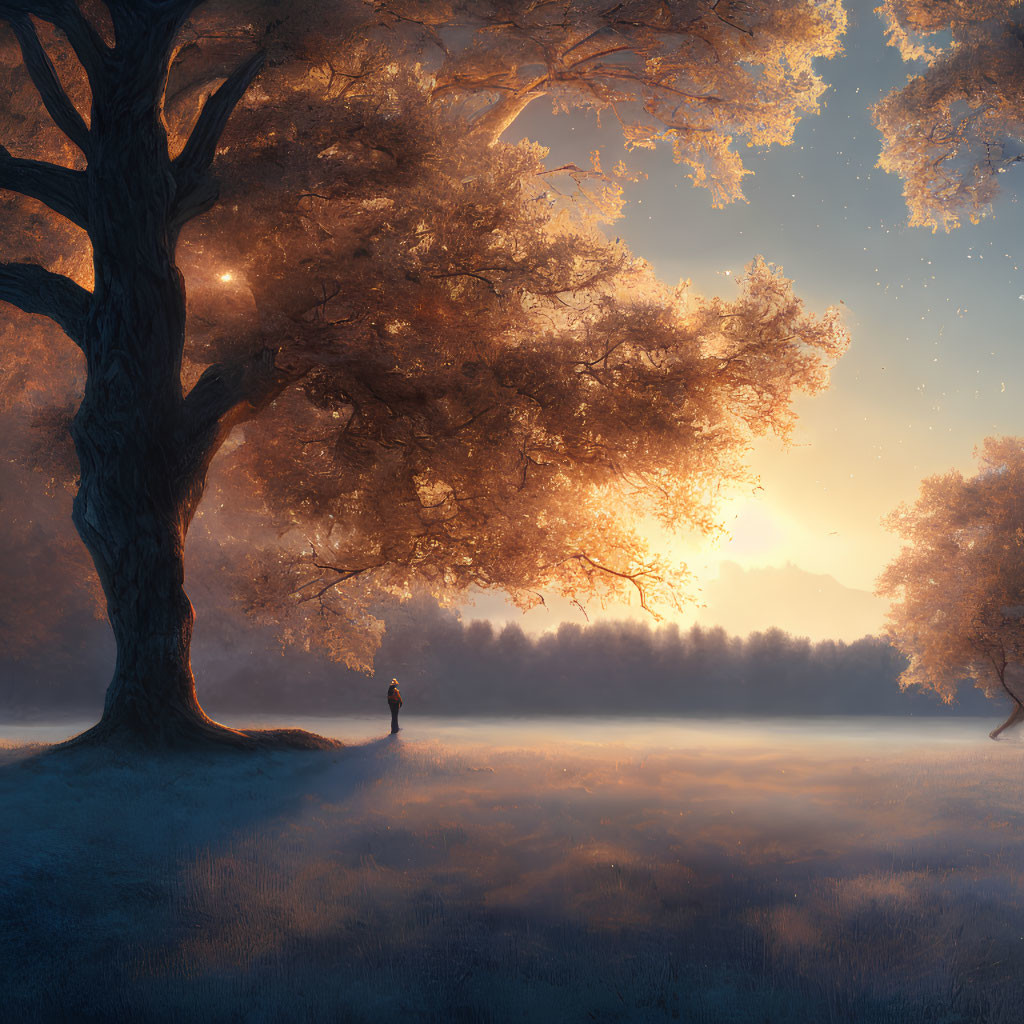 Person standing under large tree with golden leaves in tranquil, fog-covered landscape