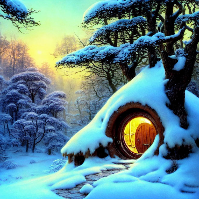 Round Hobbit-style door in snowy landscape at sunset