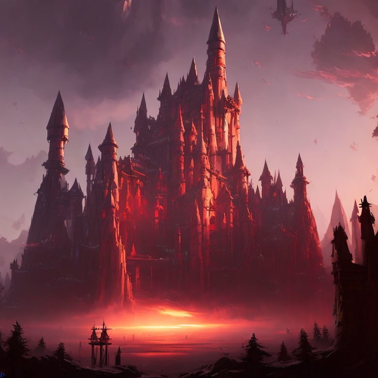 Gothic castle at crimson sunset with spires and silhouettes