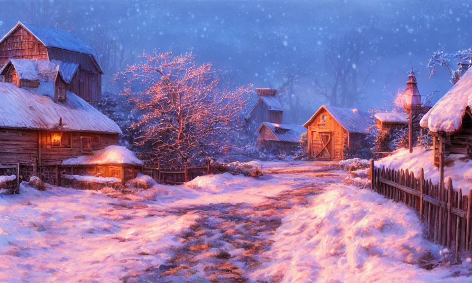 Snowy village scene at dusk with warm glowing light and falling snowflakes.