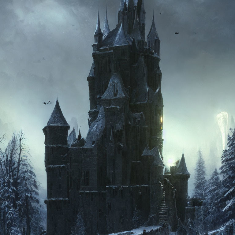 Gothic castle night scene with snow, illuminated windows, flying birds, misty sky