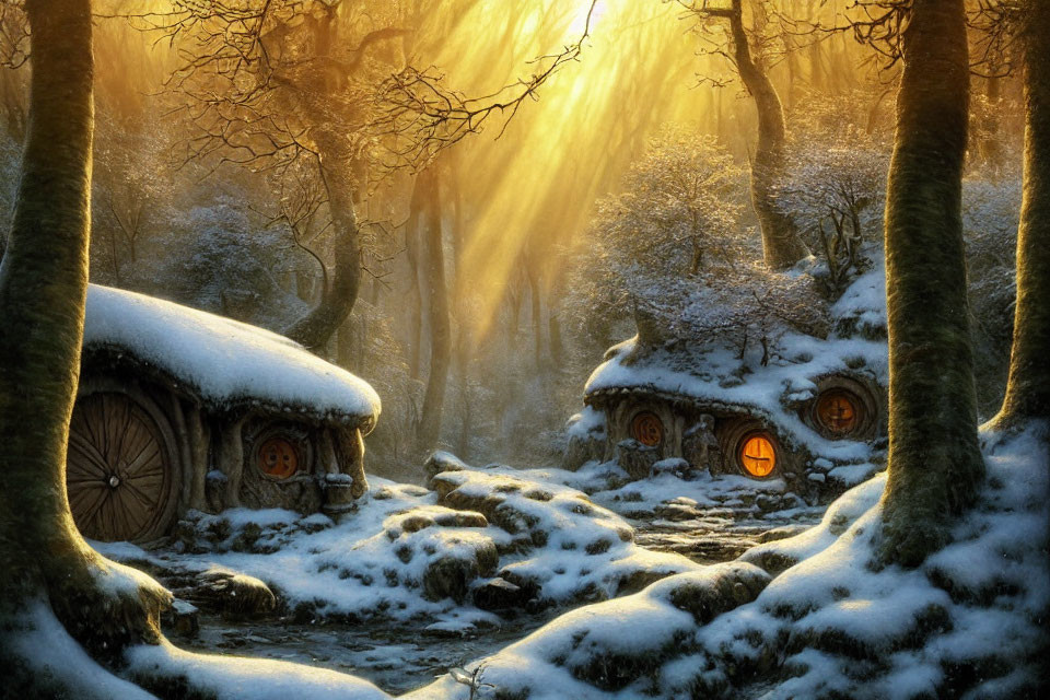 Enchanted snow-covered forest with whimsical hobbit-style houses