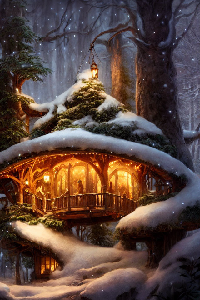 Snowy Twilight Forest Treehouse Illuminated Warmly