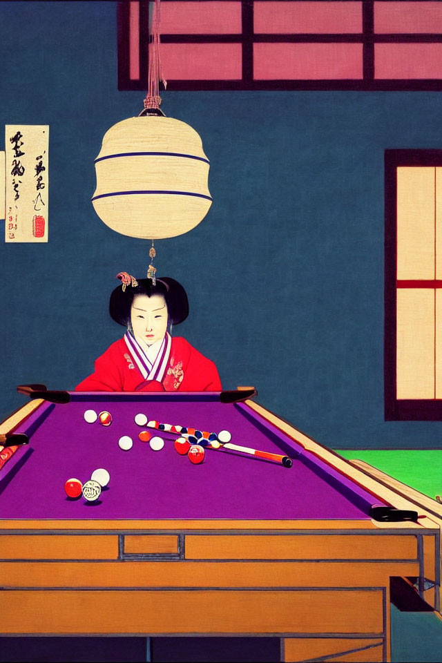 Japanese Woman in Red Kimono Playing Billiards on Tatami Flooring