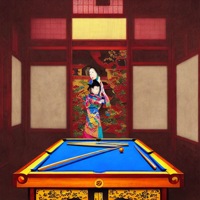 Traditional East Asian Room with Red Walls, Ornate Panels, Blue Pool Table, and Historical Attire