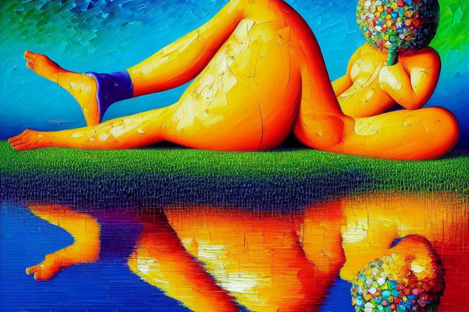 Colorful painting of a person in reflective pose with mosaic pattern and water reflection