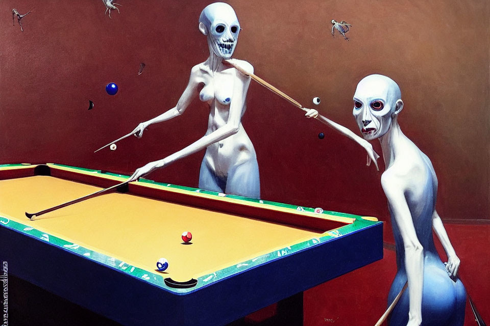 Surreal painting of skeletal alien figures playing pool