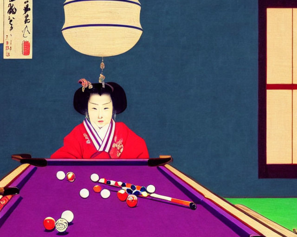 Japanese Woman in Red Kimono Playing Billiards on Tatami Flooring