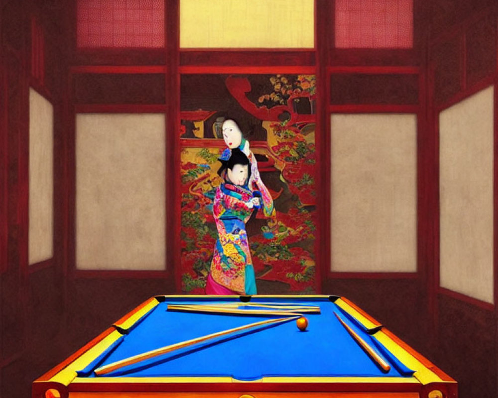 Traditional East Asian Room with Red Walls, Ornate Panels, Blue Pool Table, and Historical Attire