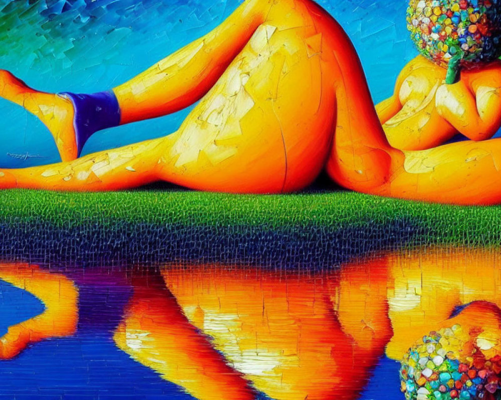 Colorful painting of a person in reflective pose with mosaic pattern and water reflection