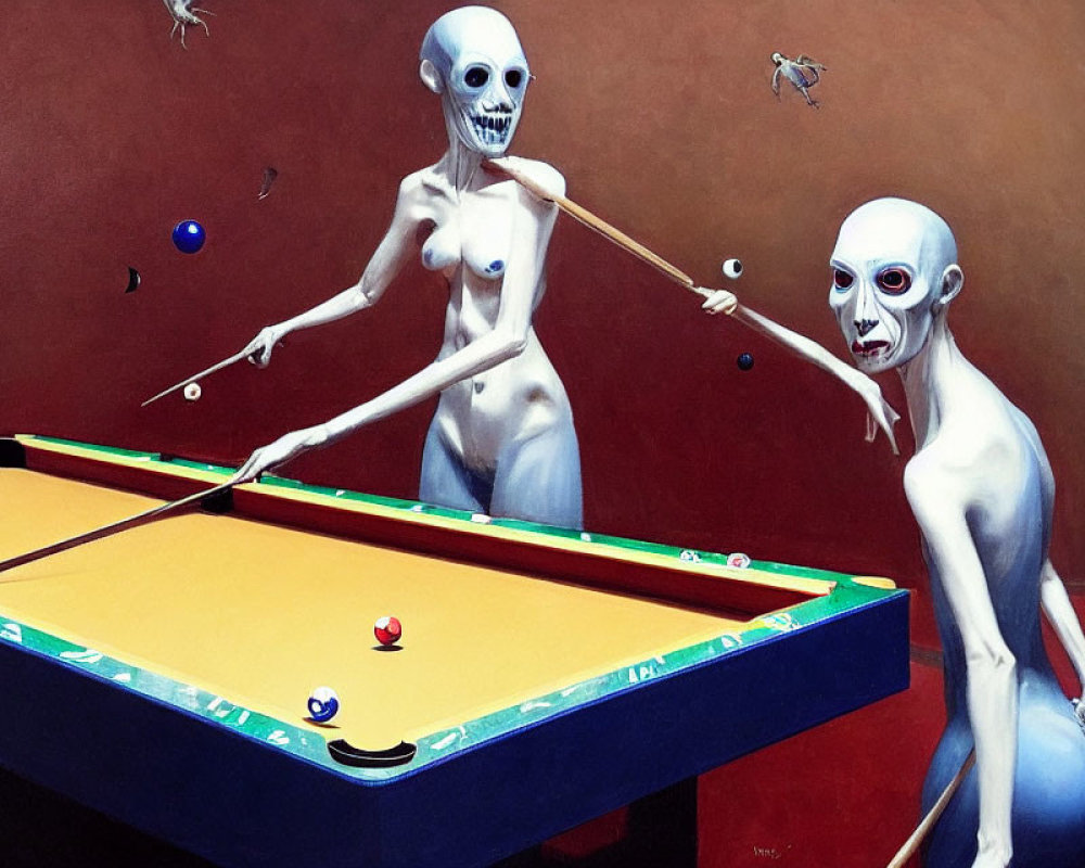 Surreal painting of skeletal alien figures playing pool