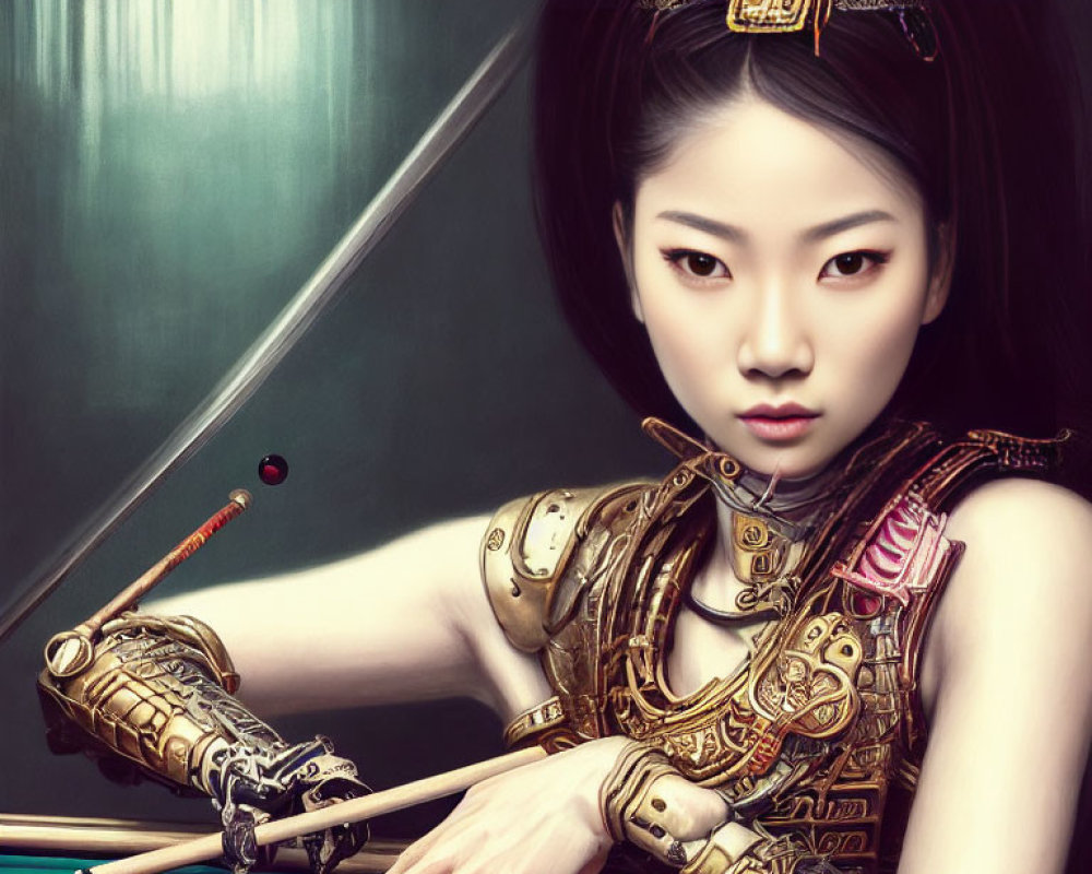 Digital artwork: Woman with gold mechanical arm playing billiards in ornate armor