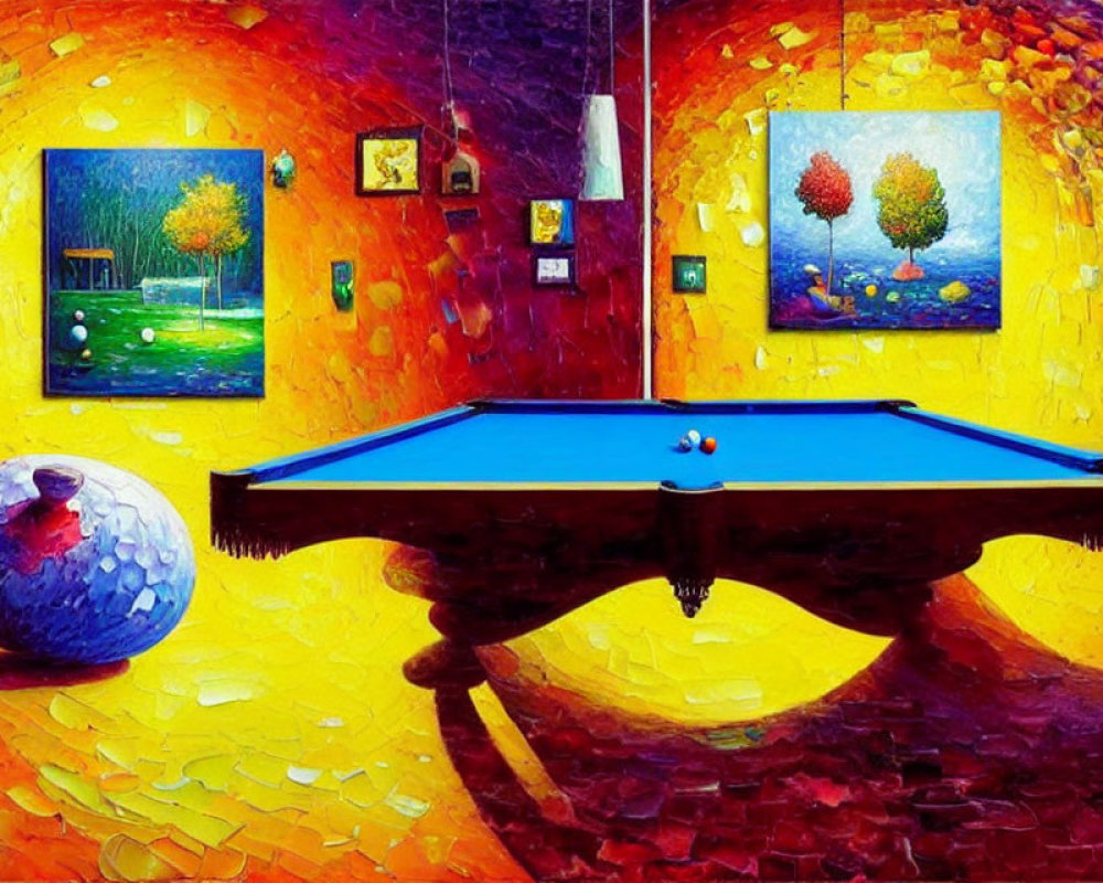 Colorful impressionist painting of interior with blue billiard table, scattered balls, and vibrant decor