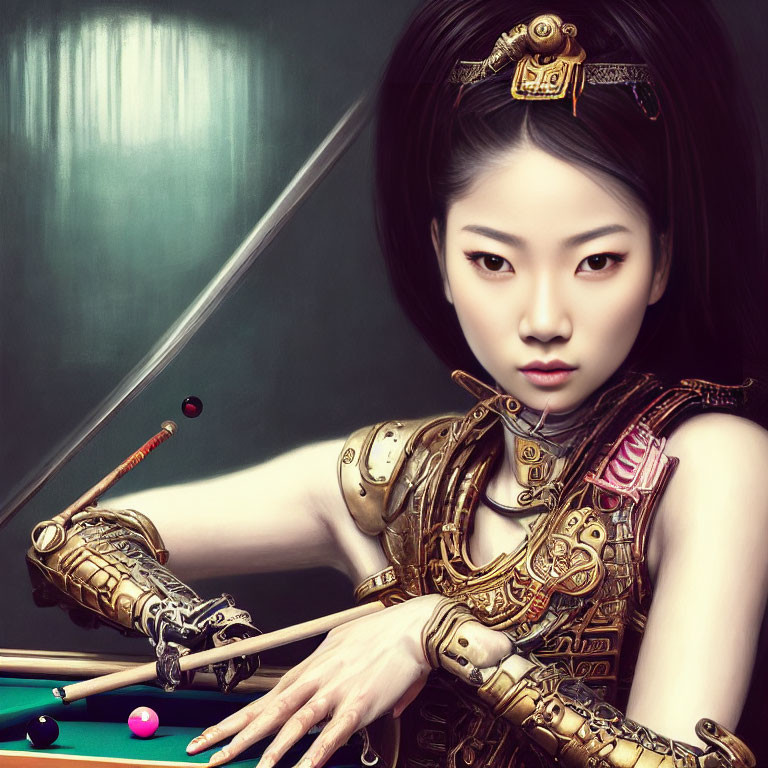 Digital artwork: Woman with gold mechanical arm playing billiards in ornate armor