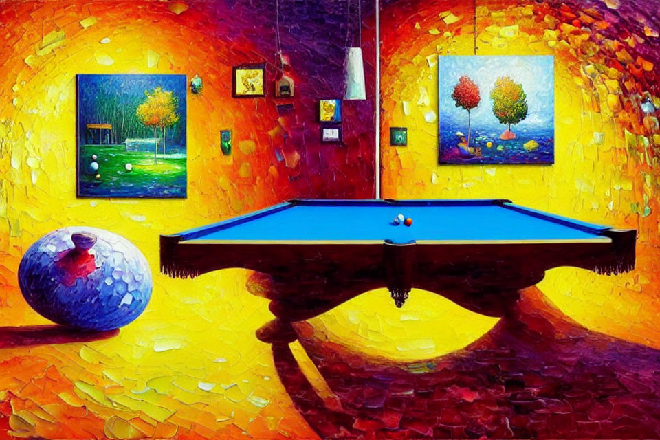 Colorful impressionist painting of interior with blue billiard table, scattered balls, and vibrant decor