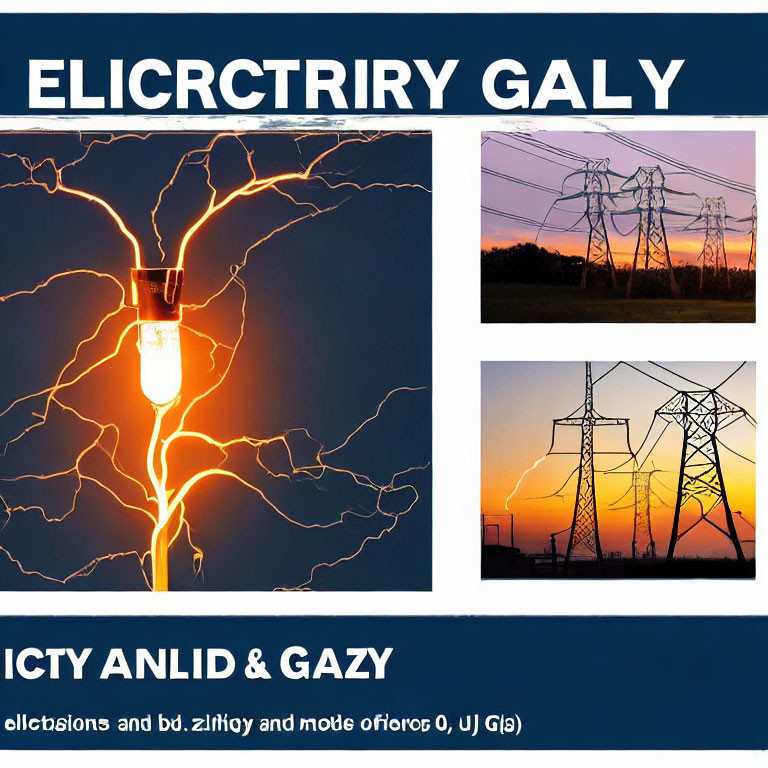 Electricity-themed collage: light bulb with lightning, power lines at sunset, transmission towers. Typos