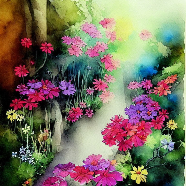 Vibrant Watercolor Painting of Flowers in Dreamy Garden Scene