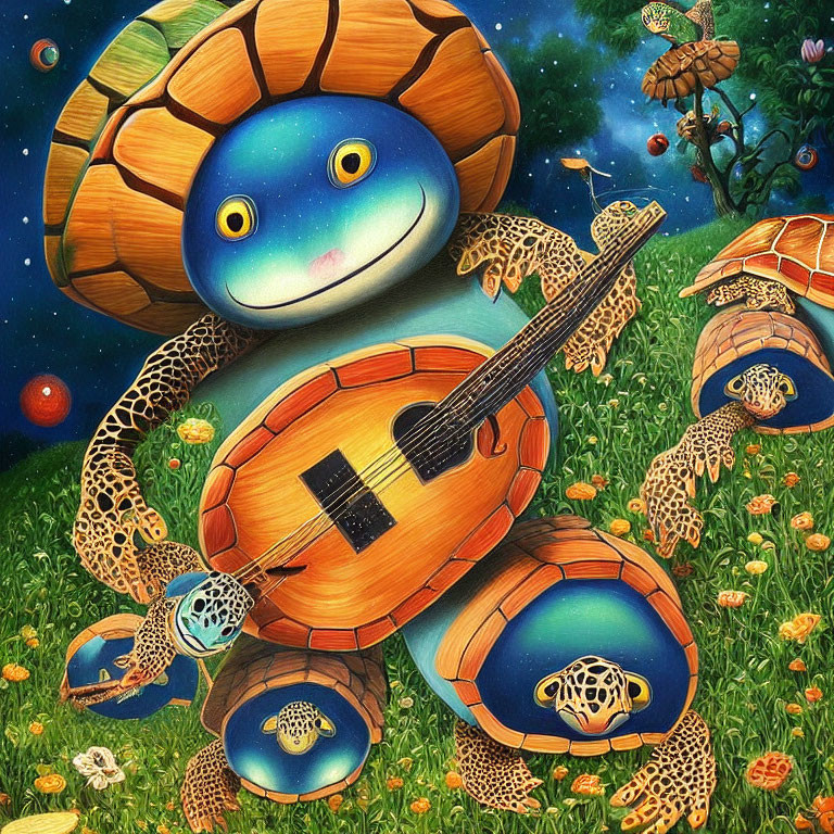 Vibrant Turtle Illustration with Musical Instrument Shell Patterns