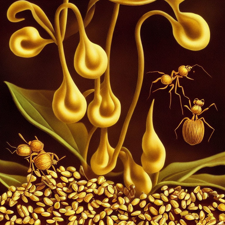 Golden plant with bulbous structures and scattered seeds on dark background