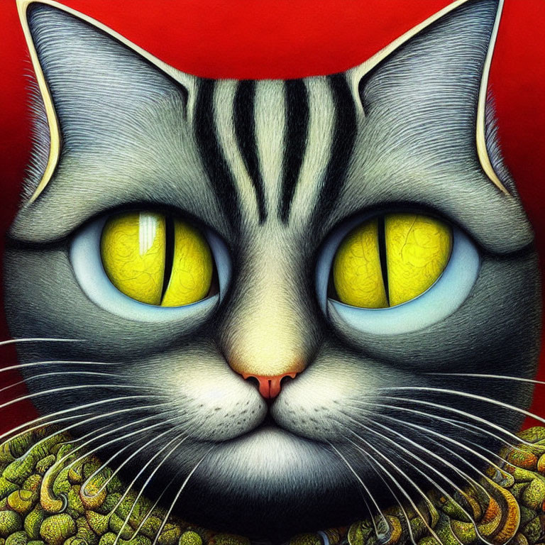 Vibrant Close-Up Tabby Cat with Yellow Eyes and Red Hat on Red Background