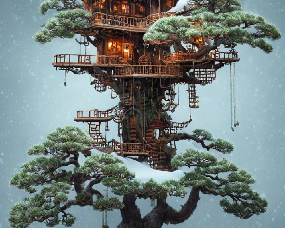 Snow-dusted treehouse with multiple levels in twilight setting