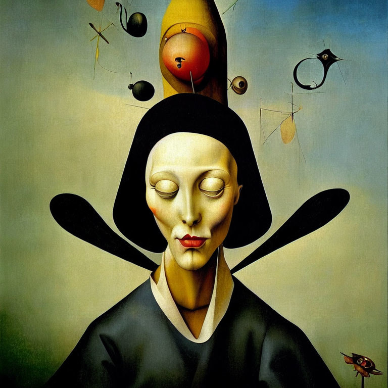 Surrealistic painting: Woman with serene expression, geometric shapes, floating objects