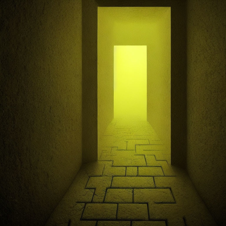 Cracked Walls in Narrow Corridor Leading to Bright Yellow Doorway