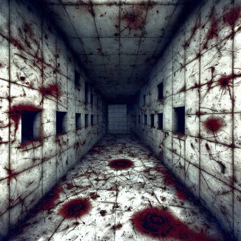 Creepy corridor with blood-stained walls and closed door under blue light