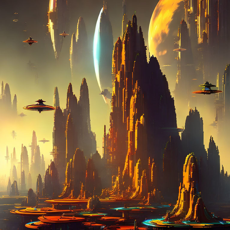 Futuristic sci-fi landscape with rock formations, buildings, and flying saucers