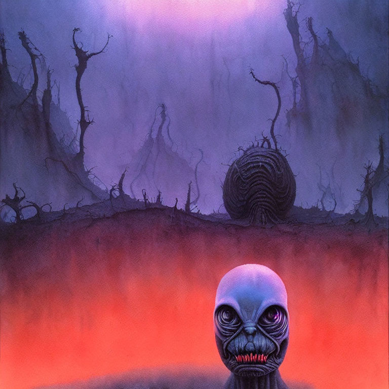 Surreal landscape with eerie humanoid-faced creature and twisted trees