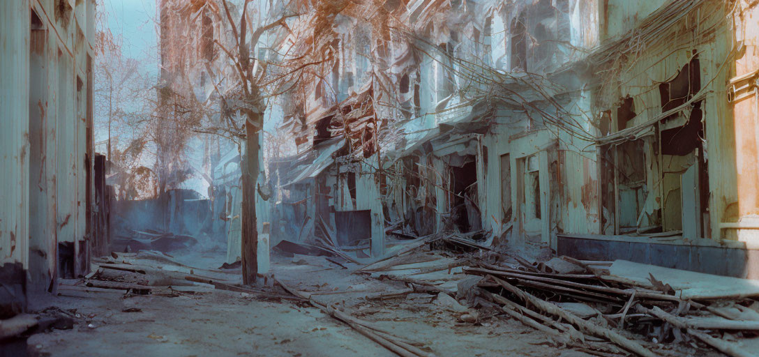 Sepia-Toned Urban Street Scene with Damaged Buildings and Leafless Trees