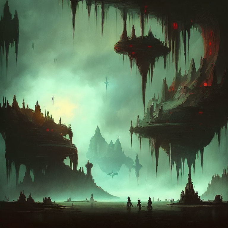 Mysterious Fantasy Landscape with Silhouetted Group