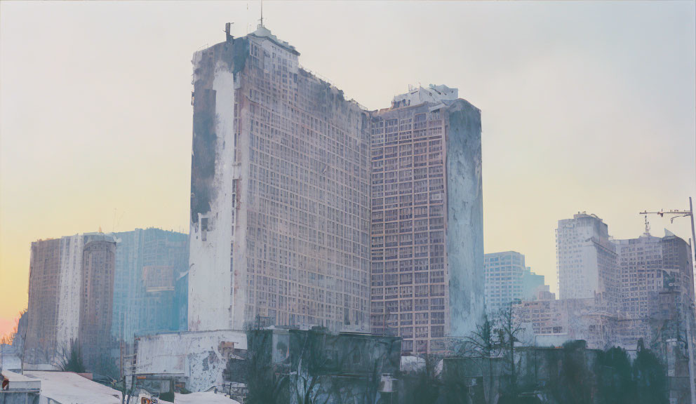 Abandoned high-rise building in construction site at dawn or dusk