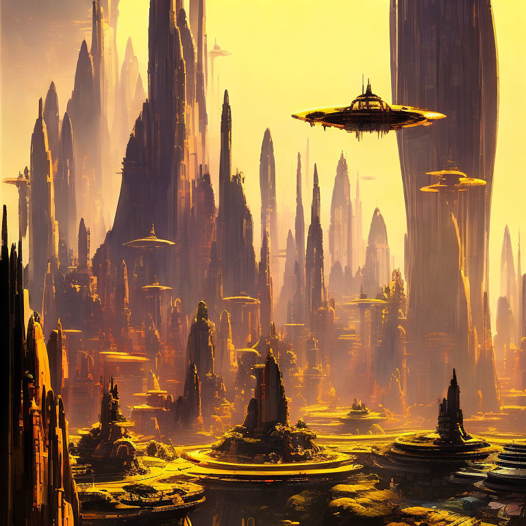 Futuristic cityscape with golden spires and hovering vehicles.