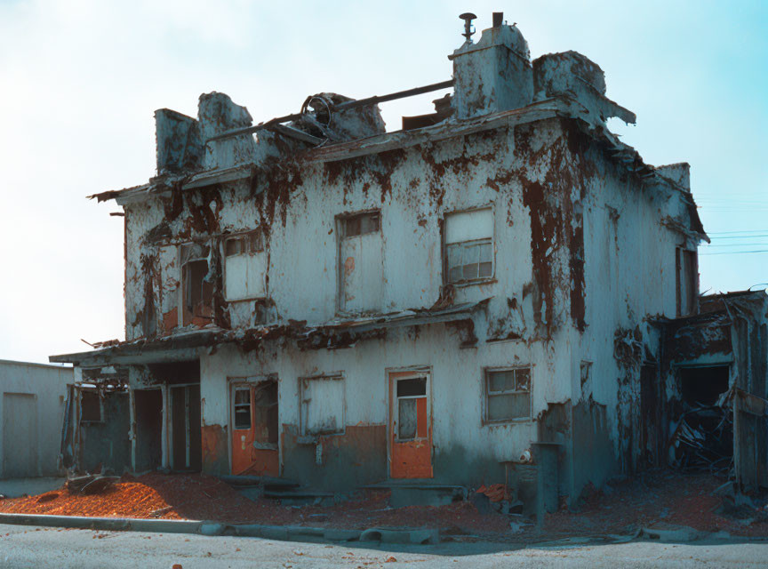 Decrepit two-story building with peeling paint and structural damage under hazy sky