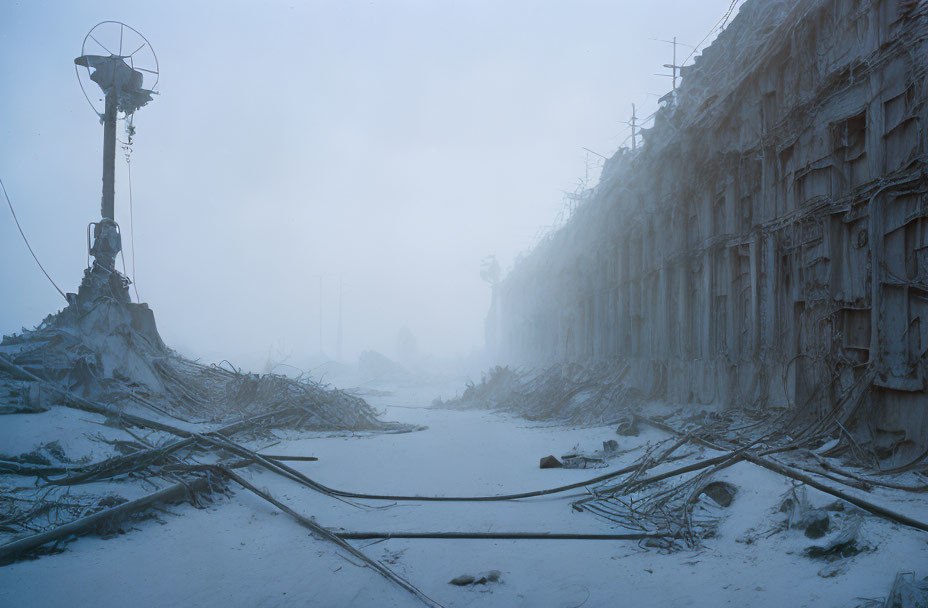 Snowy Abandoned Industrial Site with Dilapidated Buildings