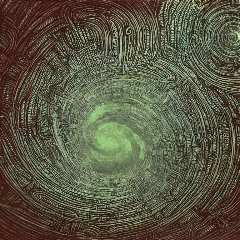 Intricate Swirling Pattern with Central Green Glow in Brown and Green Hues