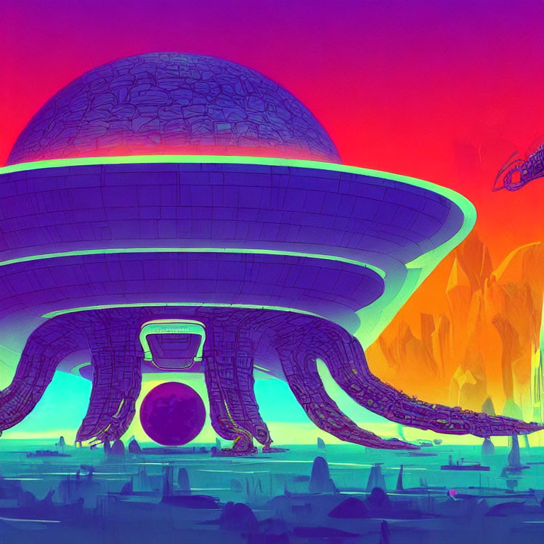 Futuristic alien cityscape with mushroom-shaped building in vibrant digital artwork